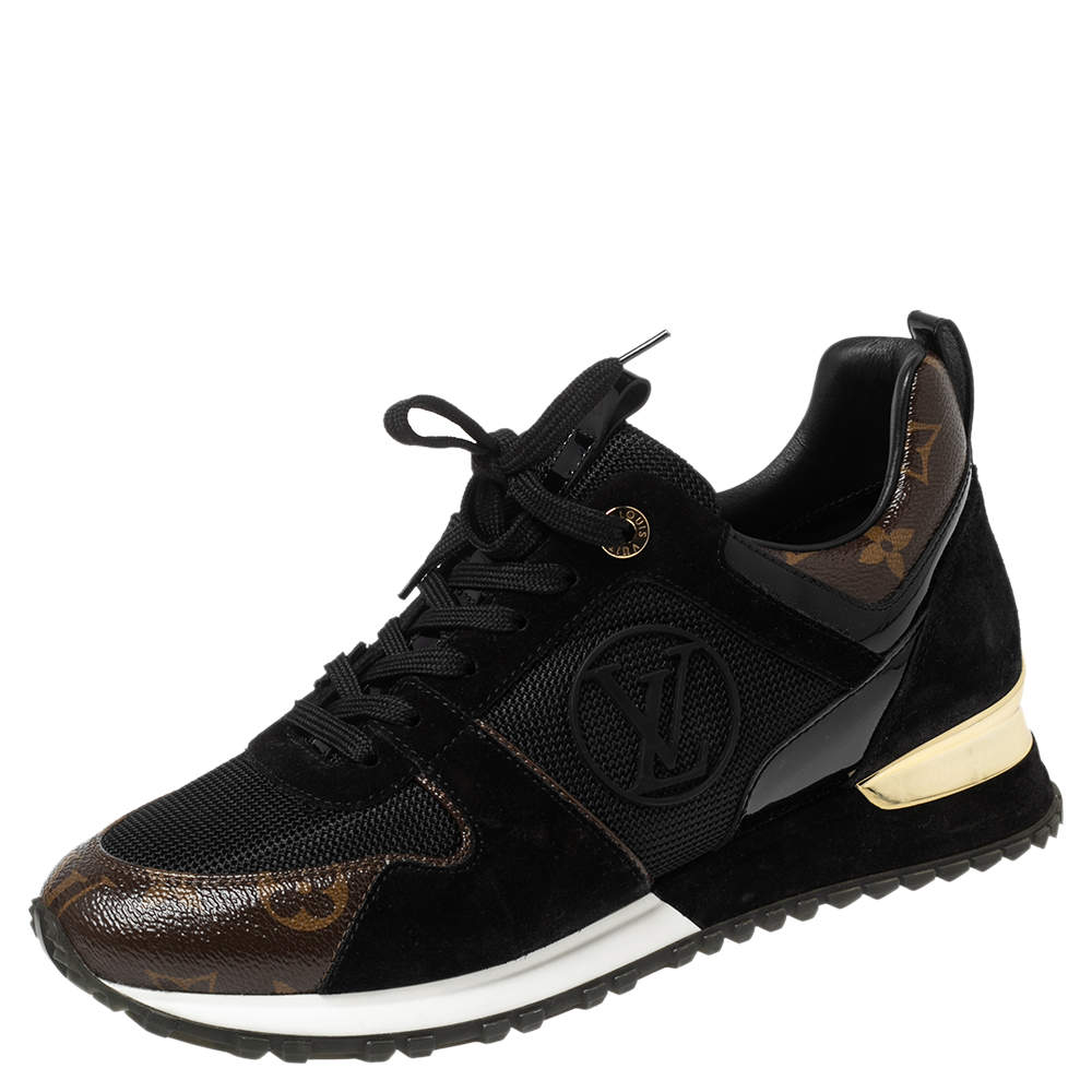 Pre Owned Louis Vuitton Black/Brown Monogram Mesh And Suede Run Away  Sneakers Size 38.5