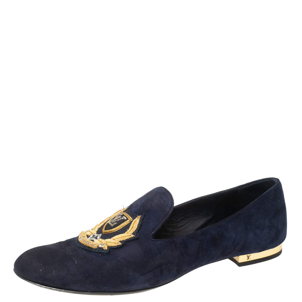 Pre Owned Louis Vuitton Blue Suede Embroidered Smoking Slippers Size 40 