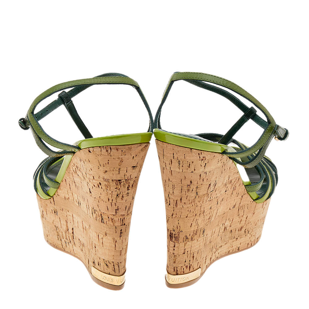 Louis Vuitton Green Patent Leather Summertime Wedge Sandals Size 37.5 Louis  Vuitton