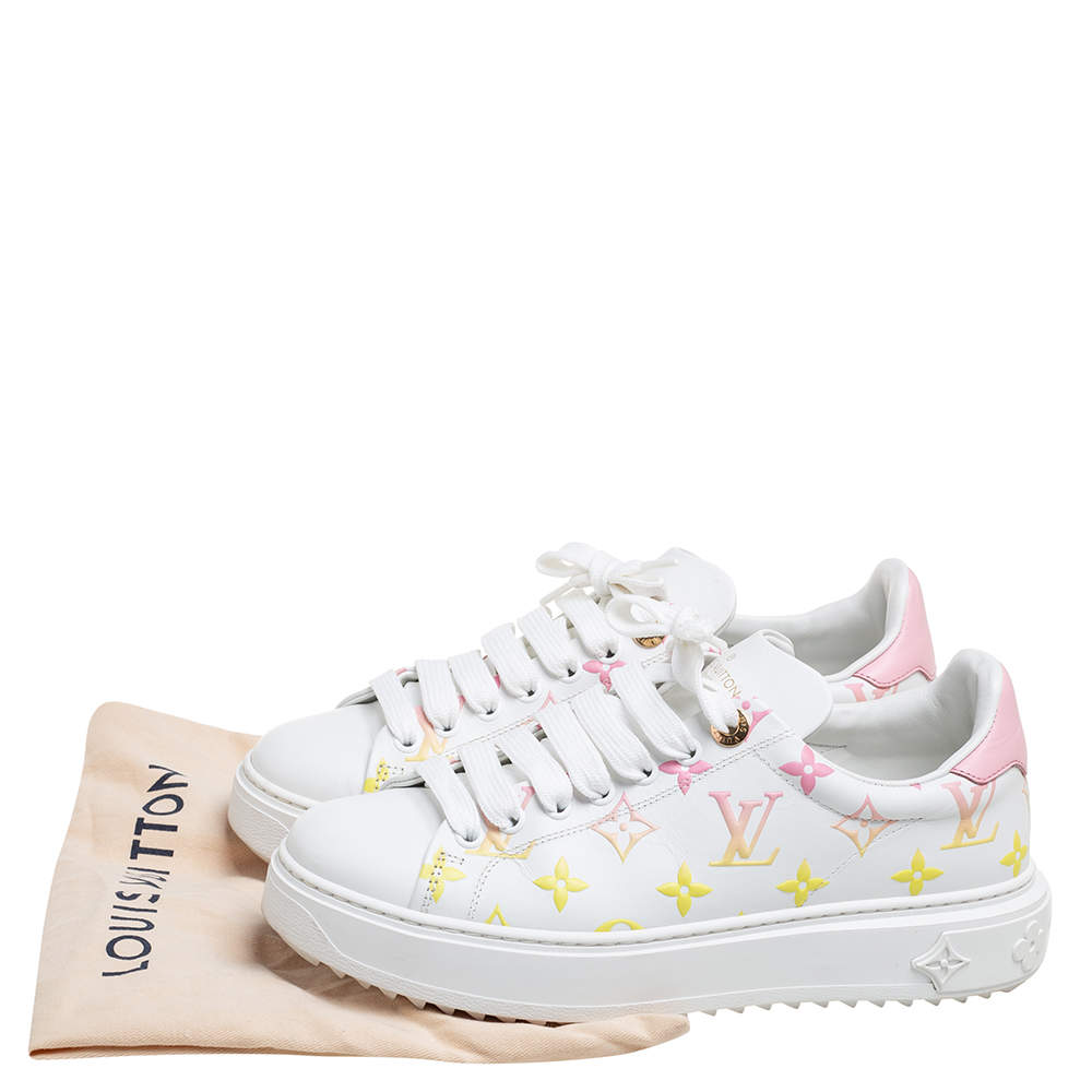 LOUIS VUITTON Lambskin Embossed Floral Monogram Time Out Sneakers 37 White  1215708