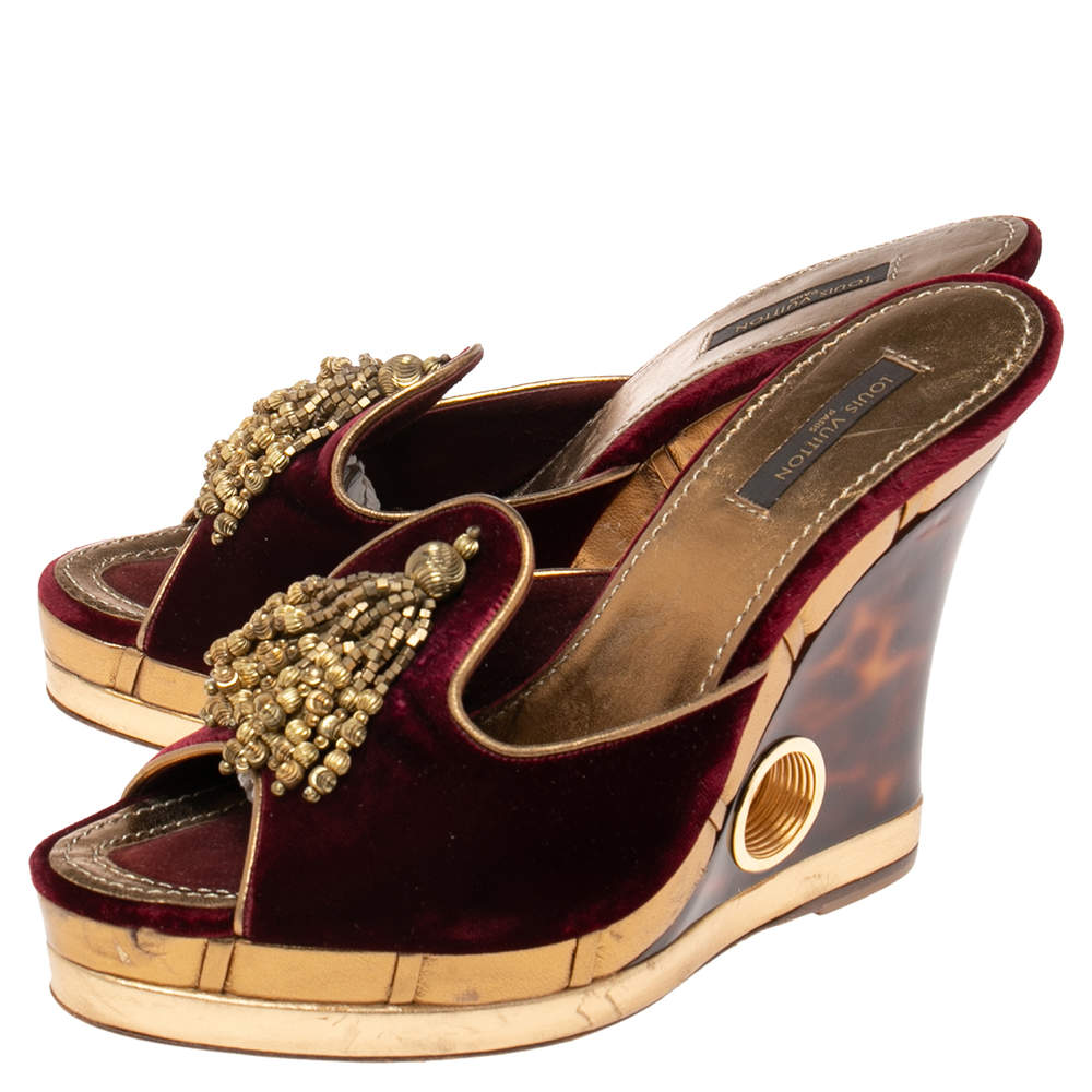 Louis Vuitton Dark Plum Velvet Tassel Open-Toe Platform Wedge