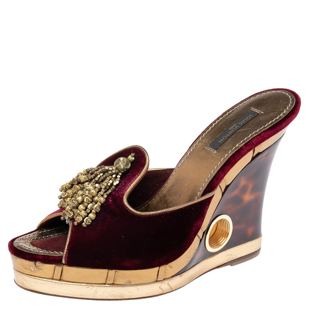 Pre Owned Louis Vuitton Dark Plum Velvet Tassel Open-Toe Platform Wedge Sandals Size 38