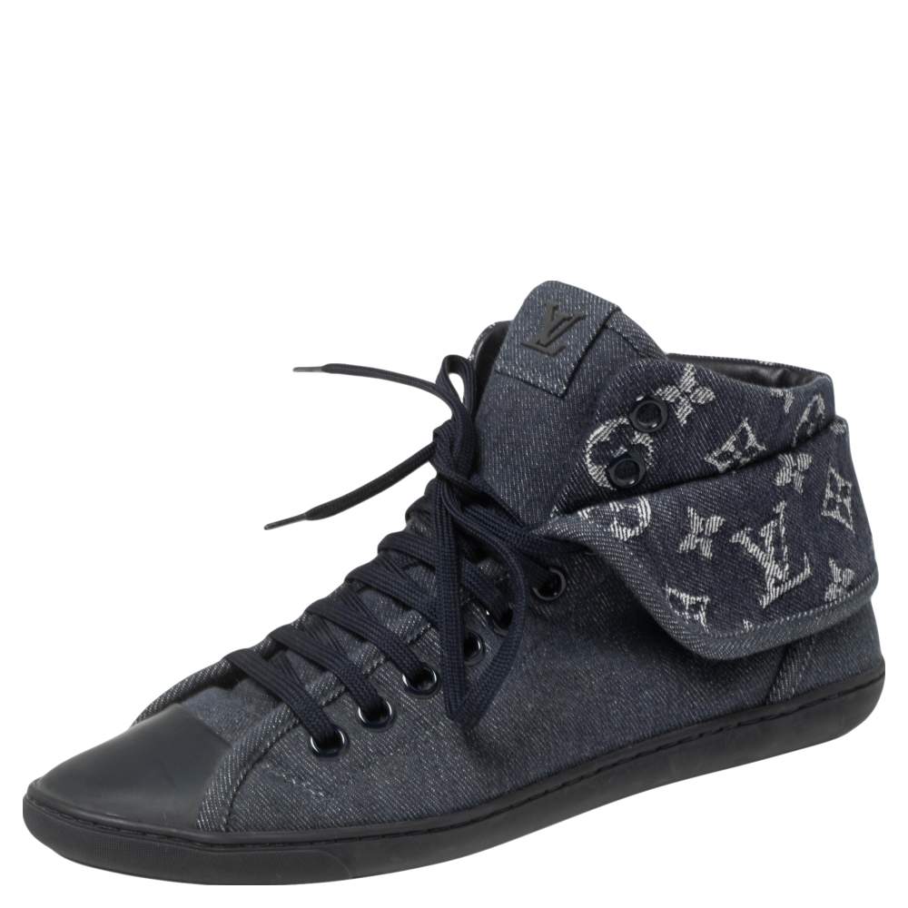 مملوكة مسبقًا Louis Vuitton Navy Blue Monogram Denim and Rubber Cap-Toe Brea Sneakers Size 38.5