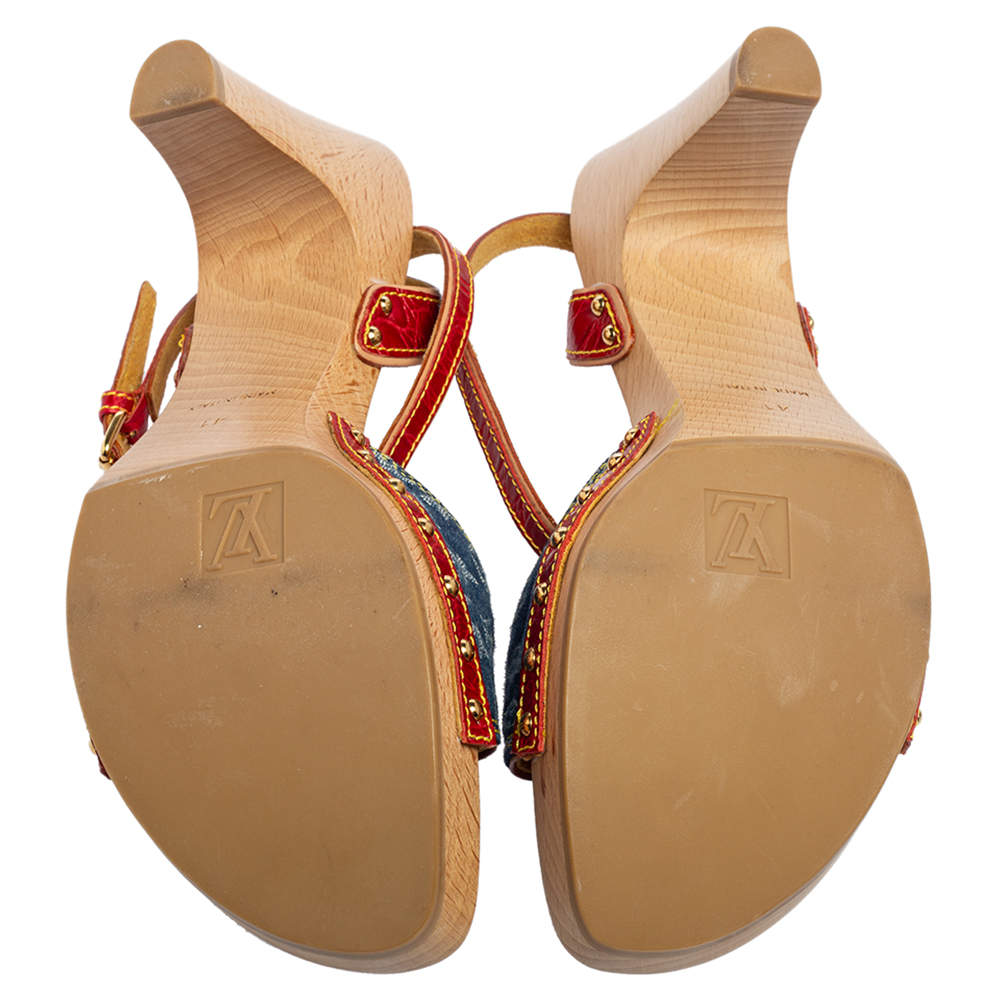 Louis Vuitton Multicolor Leather and Monogram Denim Ankle Strap Clog Sandals  Size 41 Louis Vuitton