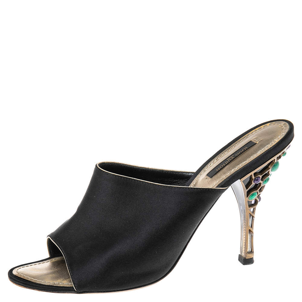 Pre Owned Louis Vuitton Black Satin Embellished Heel Mule Sandals Size 41