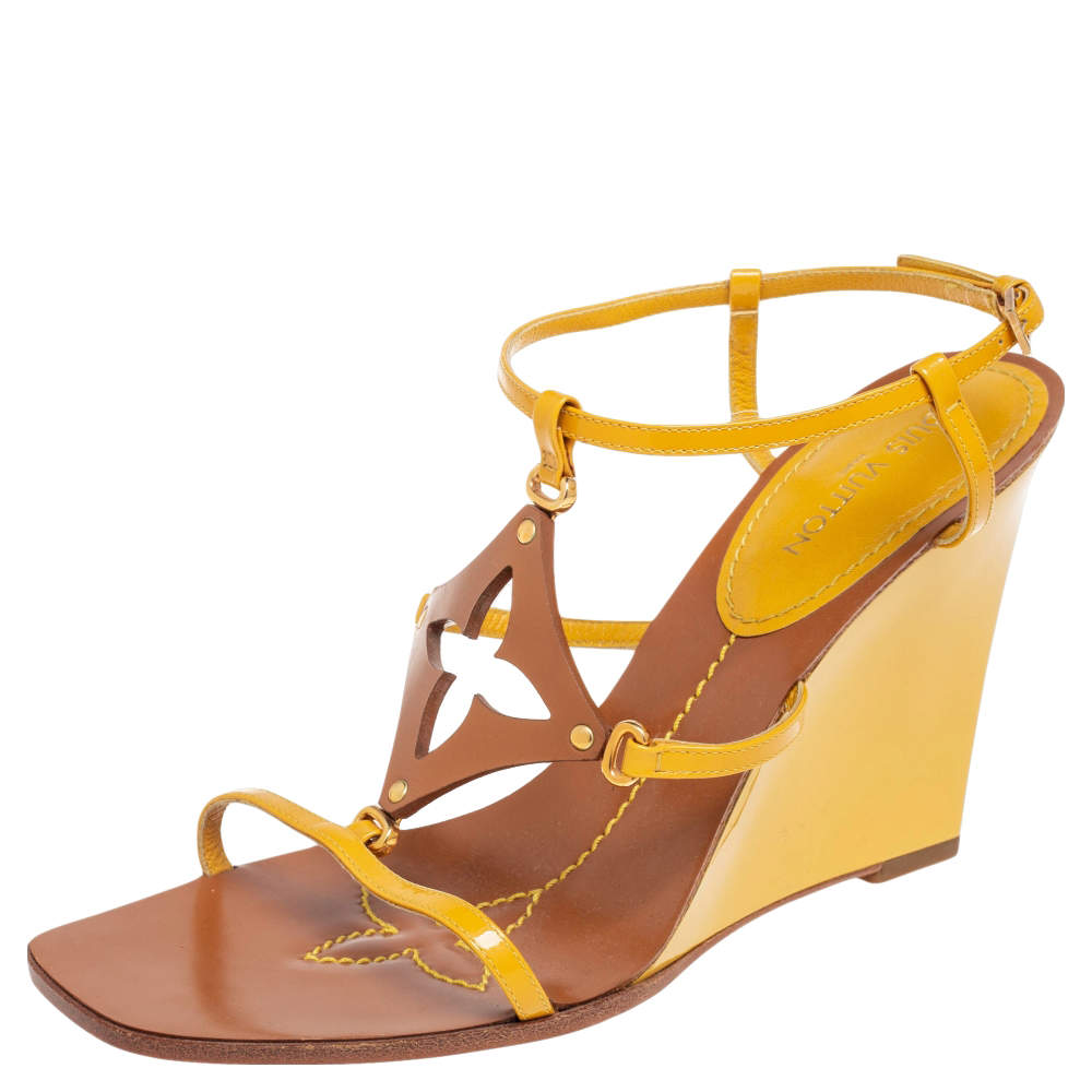 Pre Owned Louis Vuitton Yellow/Brown Patent And Leather Fleur Wedge Sandals Size 40.5