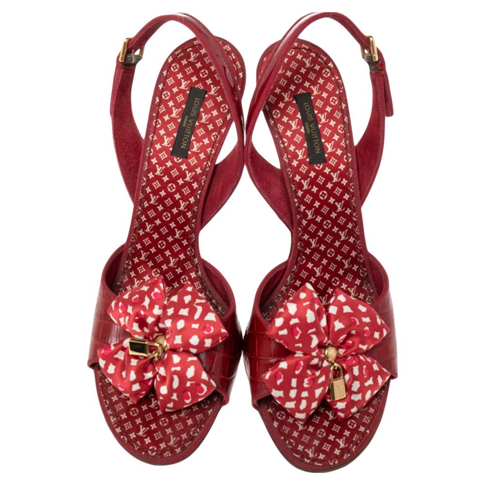 Louis Vuitton Red Croc Embossed And Patent Leather Printed Silk Bow Lock  Charm Sandals Size 39.5 Louis Vuitton