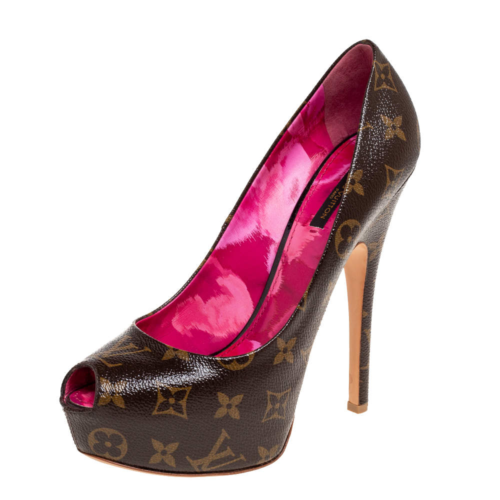 Pre Owned Louis Vuitton Monogram Canvas Rosemary Peep Toe Platform Pumps Size 40