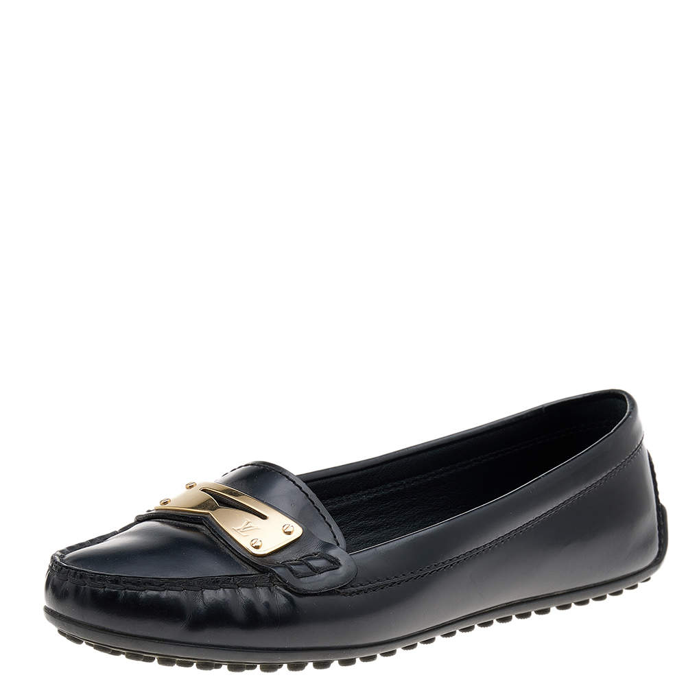 Pre Owned Louis Vuitton Black Leather Slip on Loafers Size 37