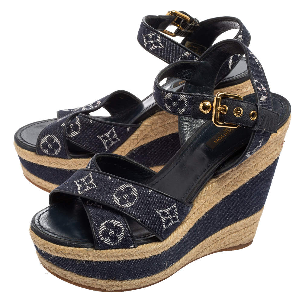 Louis Vuitton Blue/Brown Criss Cross Denim Ankle Strap Platform