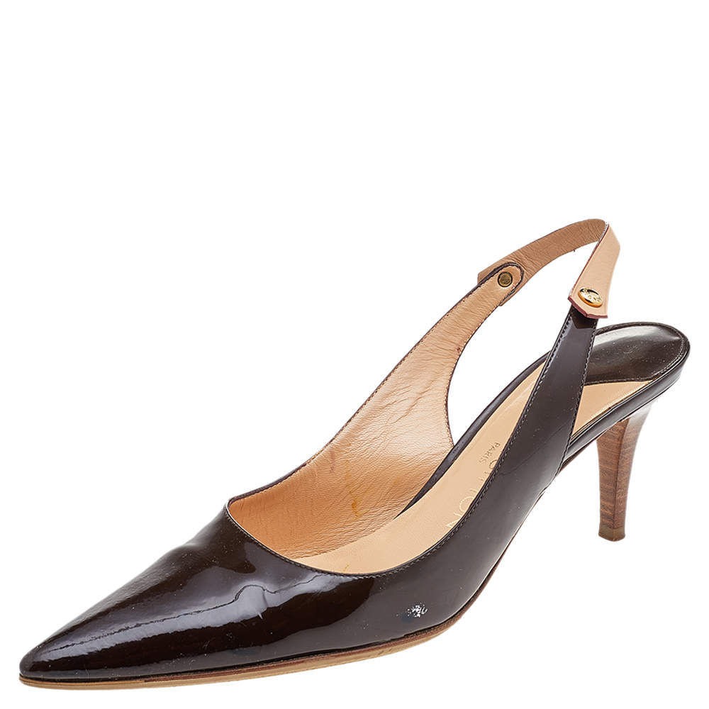 Louis Vuitton Brown Patent Leather Pointed Toe Slingback Sandals