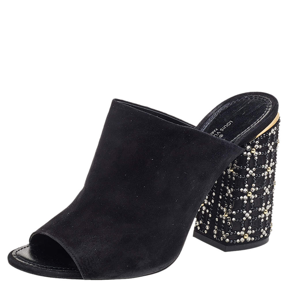 Pre Owned صندل سلايد لوي فيتون سويدي أسود مزخرف كعب مقاس 40