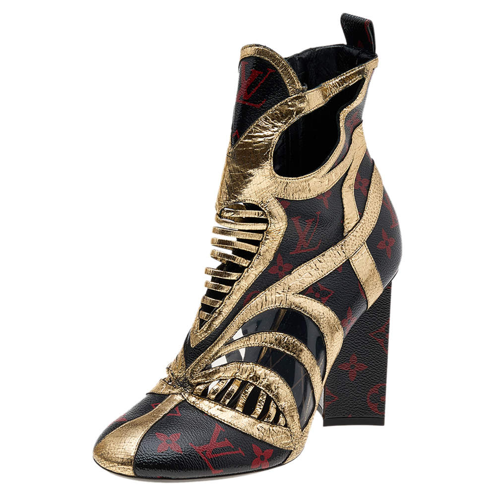 Pre Owned Louis Vuitton Monogram Infrarouge Print And Gold Leather Queen Of Hearts Ankle Boots Size 40