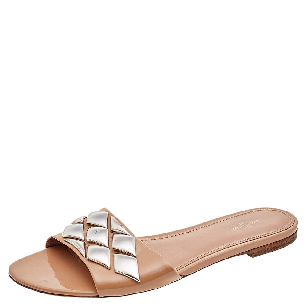Pre Owned Louis Vuitton Beige Patent Leather Embellished Flat Slides Size 39.5