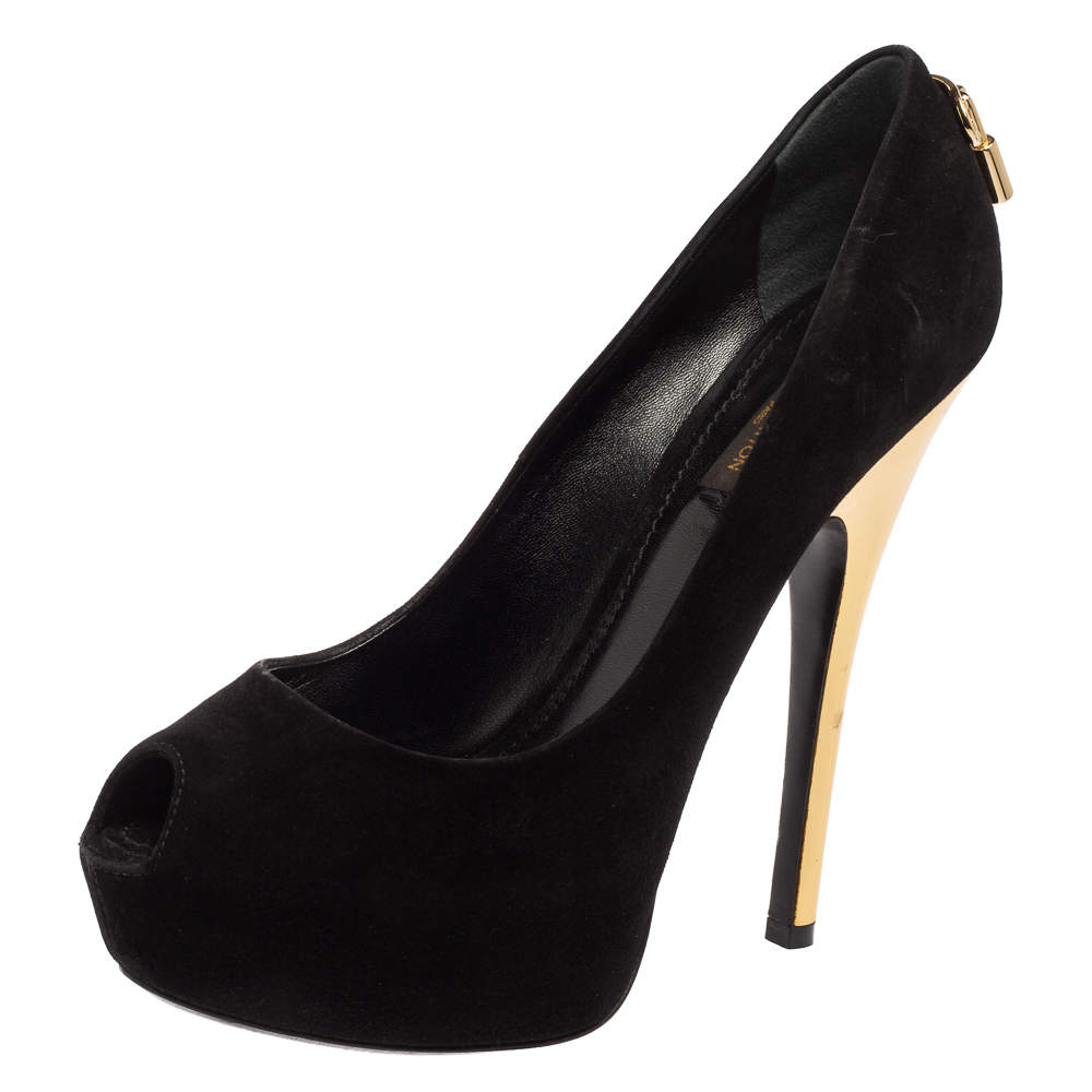 مملوكة مسبقًا Louis Vuitton Black Suede Oh Really! Peep-Toe Platform Pumps Size 38