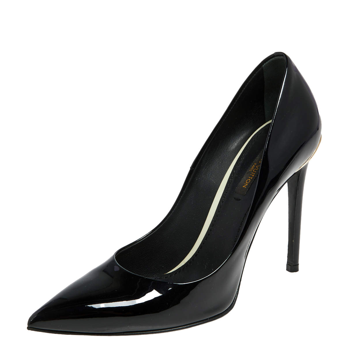 مملوكة مسبقًا حذاء كعب عالي لوي فيتون جلد أسود لامع مقدمة مدببة مقاس 37.5