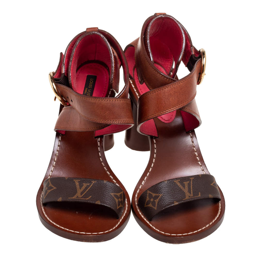 Louis Vuitton Brown Monogram Canvas and Leather Ocean Drive Ankle-Strap  Sandals Size 37