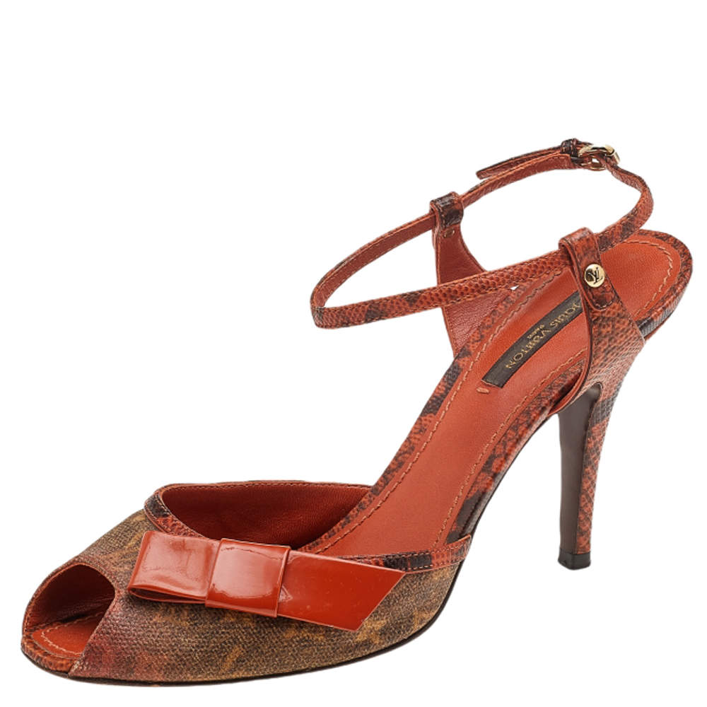 Pre Owned Louis Vuitton Orange/Brown Richard Prince Jokes Karung Leather And Monogram Canvas Ankle Strap Sandals Size 38.5