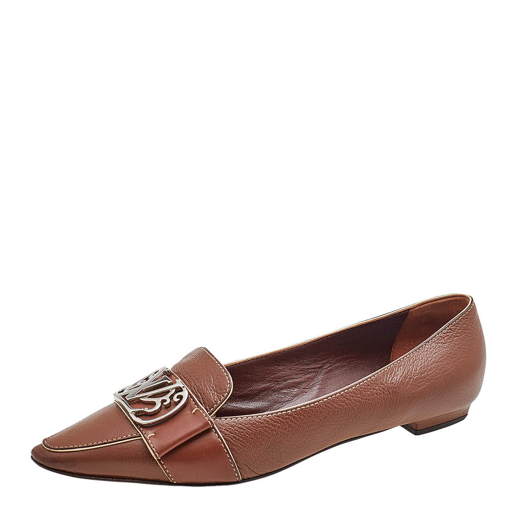 Louis Vuitton Brown Leather Logo Embellished Ballet Flats Size 38.5