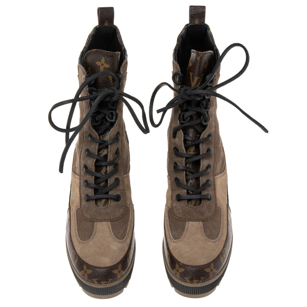 Louis Vuitton Women's Laureate Platform Desert Boots Suede with Monogram Canvas and Crocodile Brown