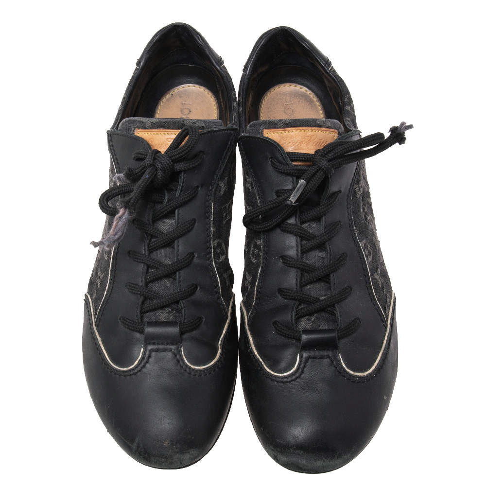 Pre Owned Louis Vuitton Black Leather and Monogram Canvas Low Top Sneakers Size 40