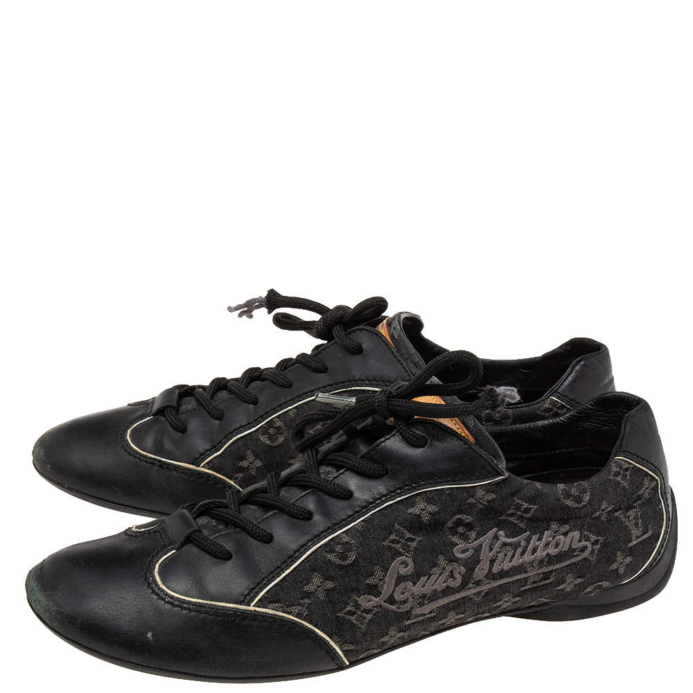 Pre Owned Louis Vuitton Black Leather and Monogram Canvas Low Top Sneakers Size 40