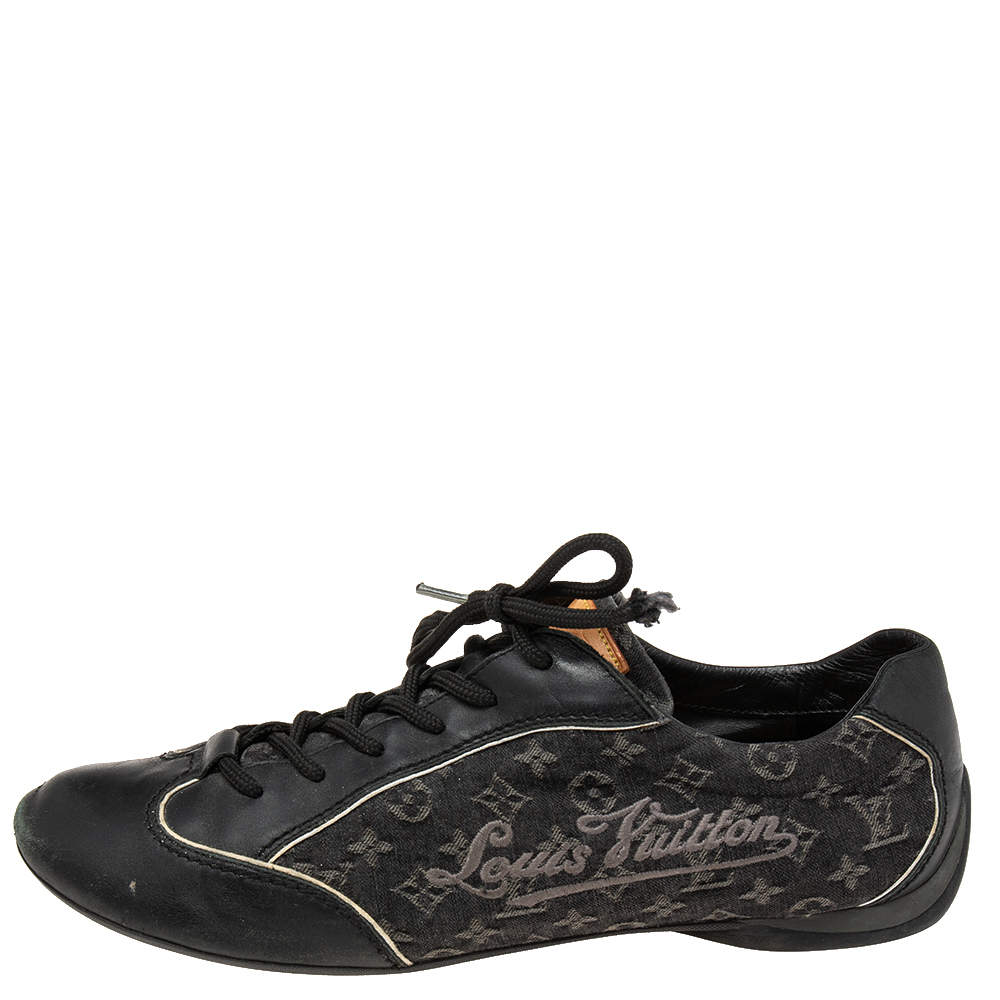 Pre Owned Louis Vuitton Black Leather and Monogram Canvas Low Top Sneakers Size 40