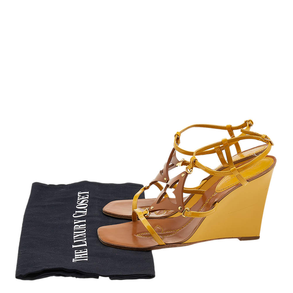 Louis Vuitton Yellow/Brown Patent And Leather Fleur Wedge Sandals Size 40.5 Louis  Vuitton