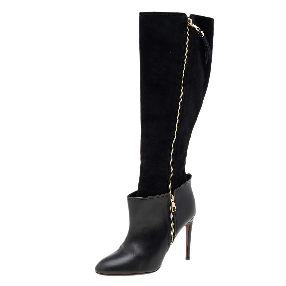 Pre Owned Louis Vuitton Black Leather And Suede Knee Length Boots Size 39.5