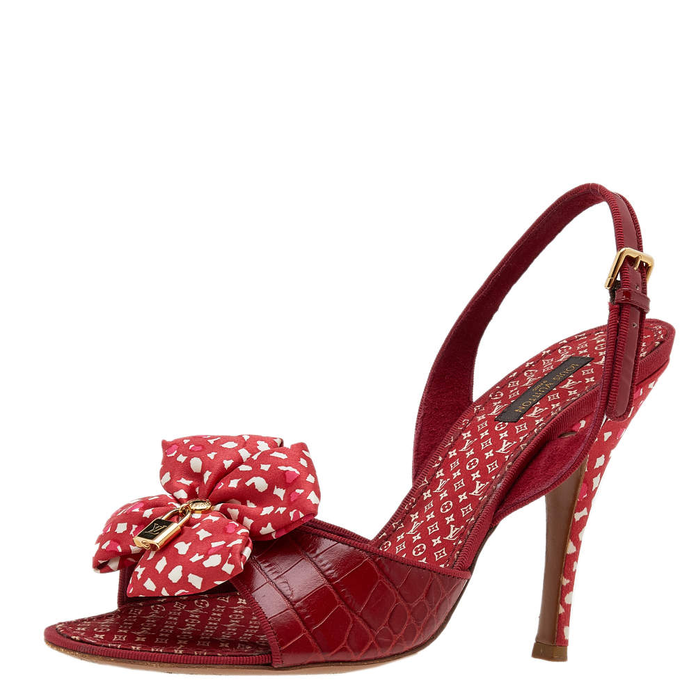 Pre Owned Louis Vuitton Red Croc Embossed And Patent Leather Printed Silk Bow Lock Charm Sandals Size 39.5