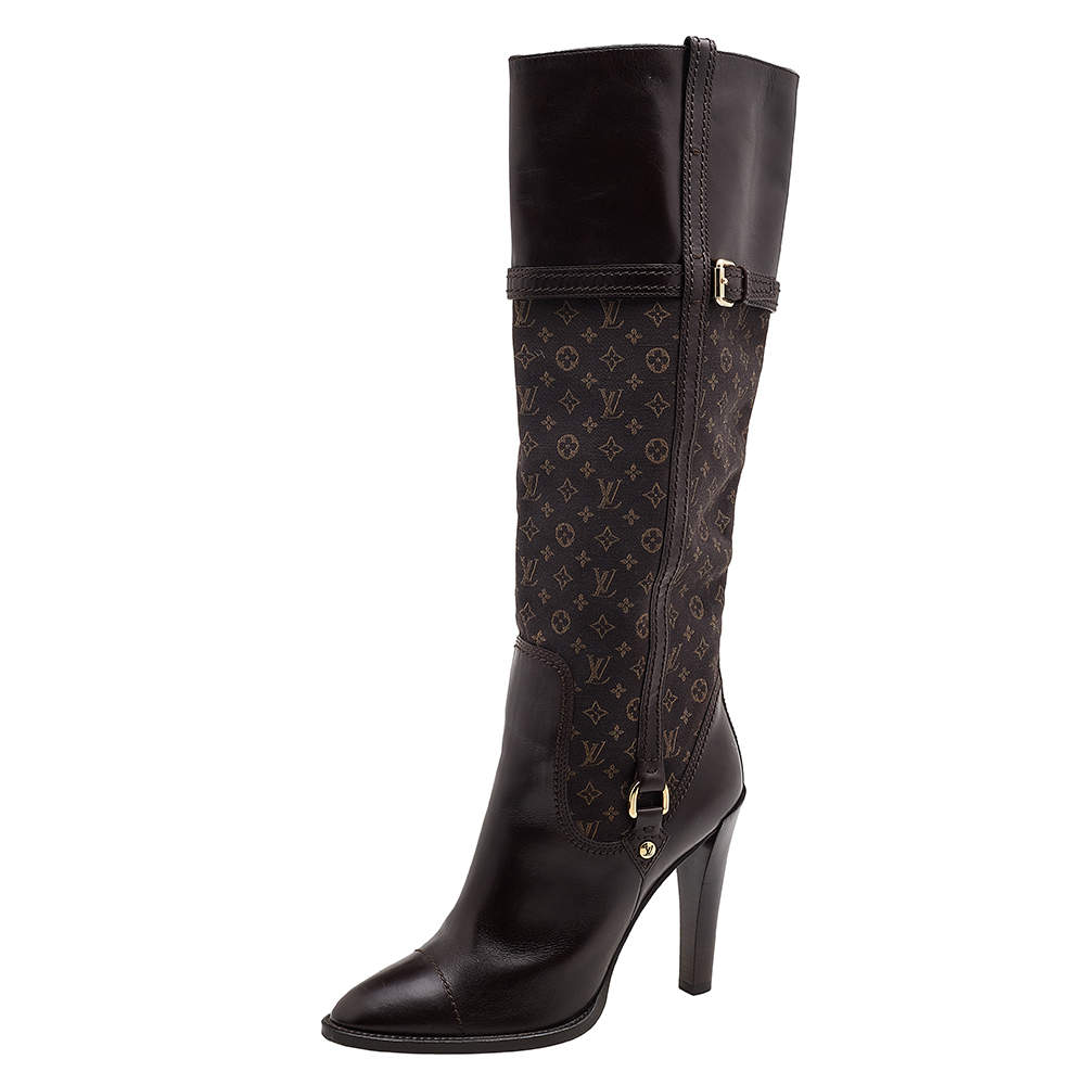 مملوكة مسبقًا Louis Vuitton Brown Leather And Mini Lin Canvas Barbara Knee Length Boots Size 40