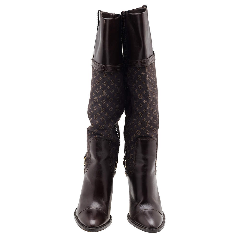 Louis Vuitton Brown Leather And Mini Lin Canvas Barbara Knee Length Boots  Size 40 Louis Vuitton