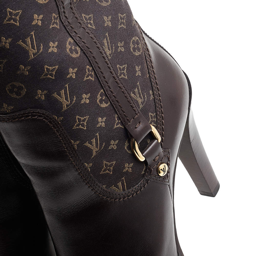 Louis Vuitton Brown Leather And Mini Lin Canvas Barbara Knee Length Boots  Size 40 Louis Vuitton