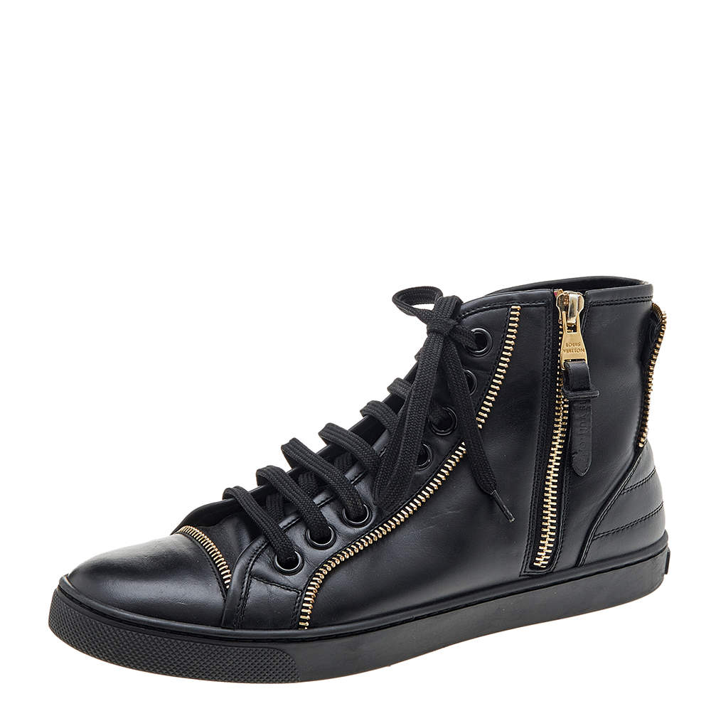 LOUIS VUITTON Monogram High Top Sneakers Leather 36 1/2 Black LV