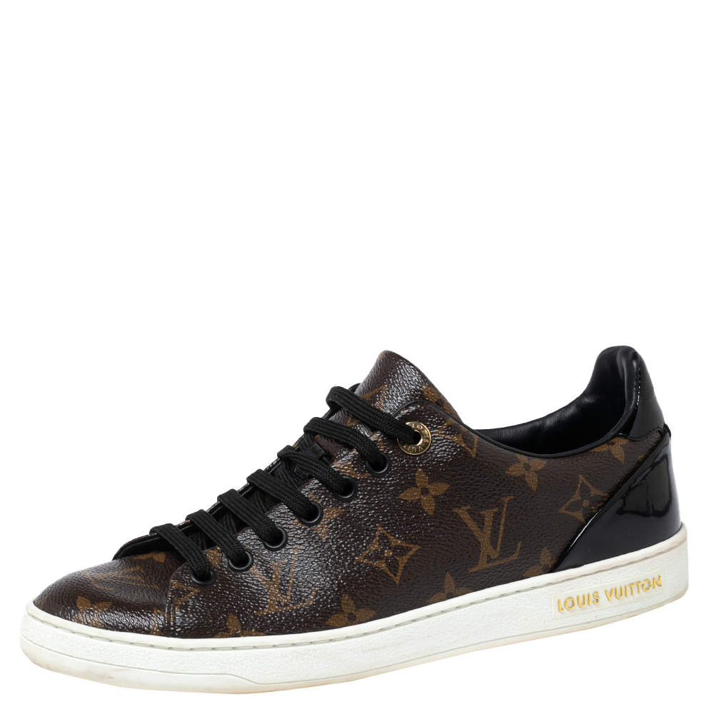 Pre Owned Louis Vuitton Brown/Black Monogram Canvas and Patent Leather Frontrow Sneakers Size 38