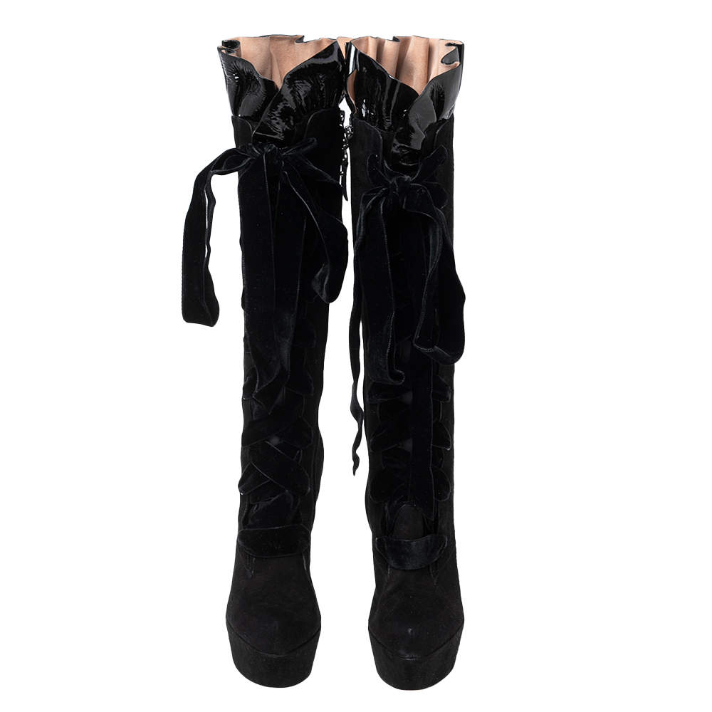 Louis Vuitton Black Suede and Patent Leather Knee High Boots Size 6.5/37 -  Yoogi's Closet