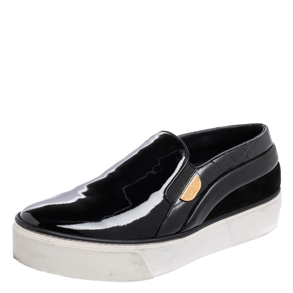 مملوكة مسبقًا Louis Vuitton Black Suede, Patent and Leather Slip On Platform Sneakers Size 39.5