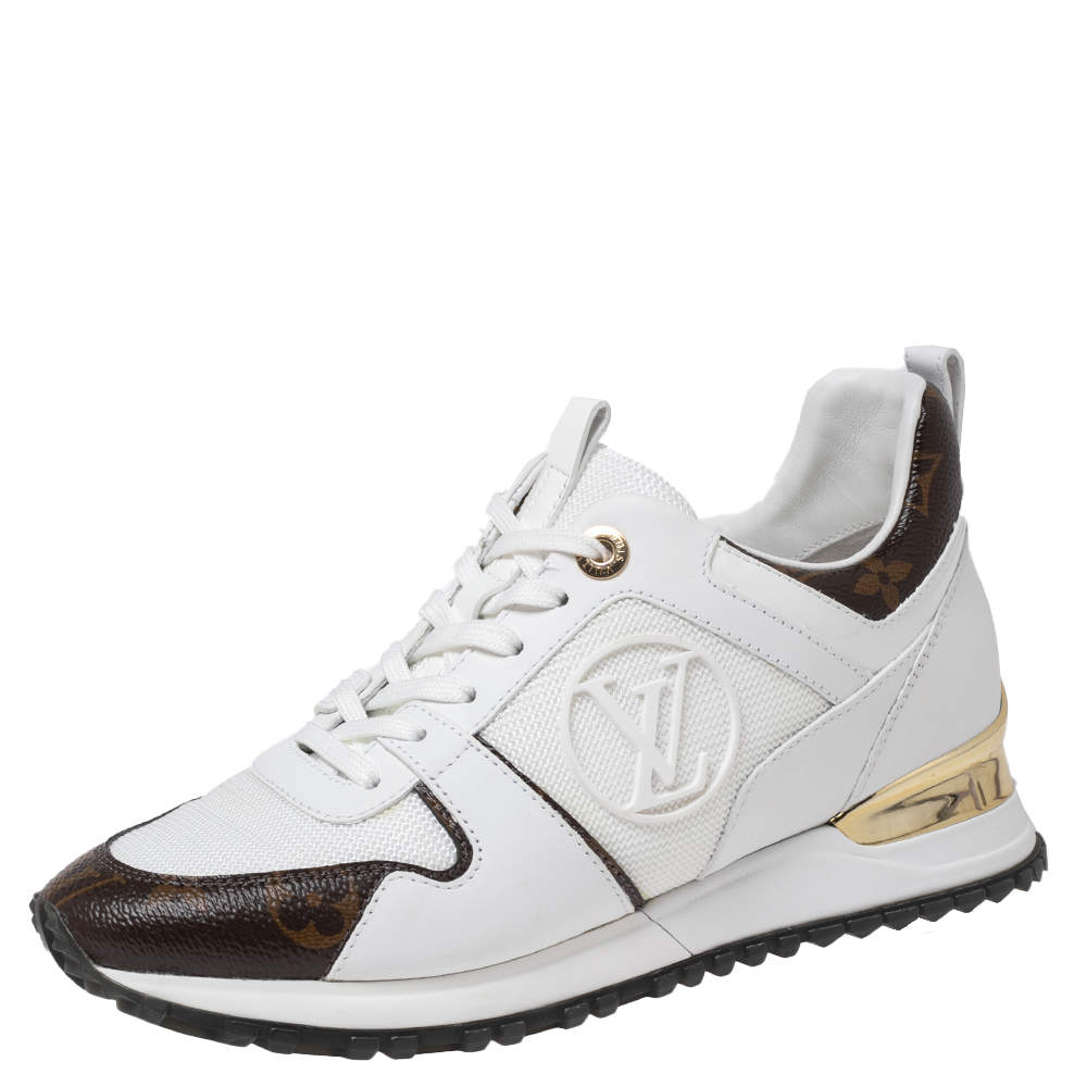 Pre Owned Louis Vuitton White/Brown Mesh And Monogram Canvas Run Away Sneakers Size 36