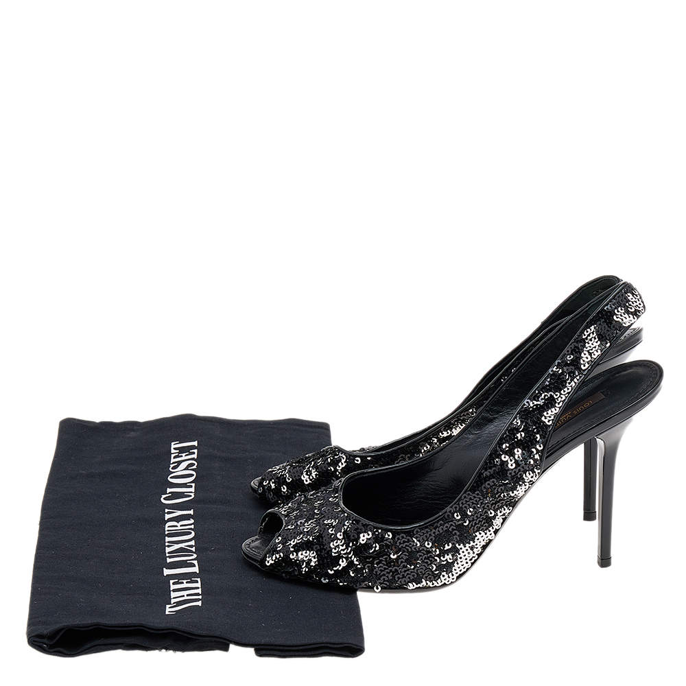 Pre Owned Louis Vuitton Black/Silver Sequin Liza Slingback Sandals Size 39
