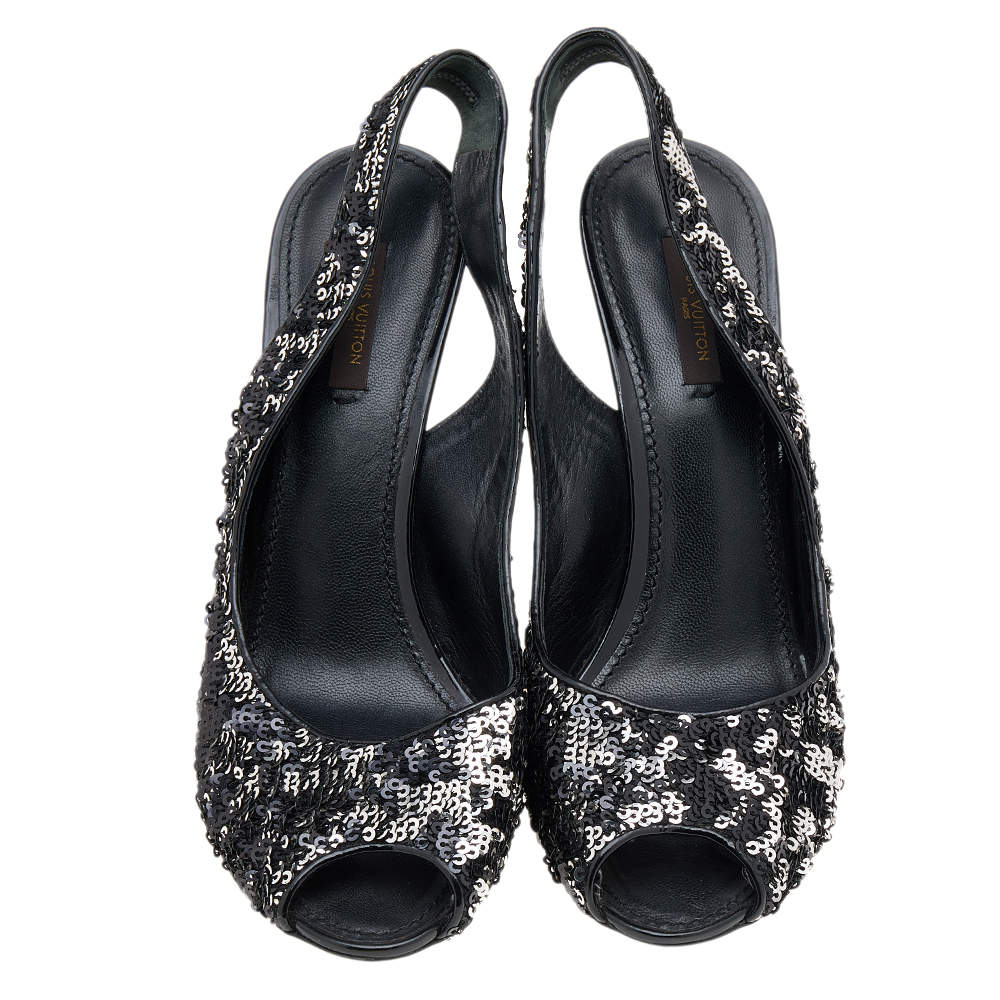 Pre Owned Louis Vuitton Black/Silver Sequin Liza Slingback Sandals Size 39