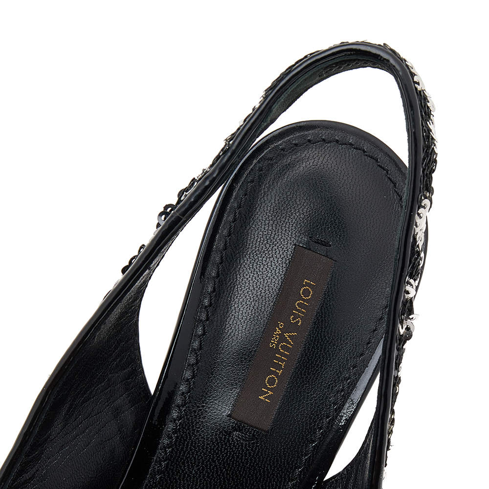 Pre Owned Louis Vuitton Black/Silver Sequin Liza Slingback Sandals Size 39