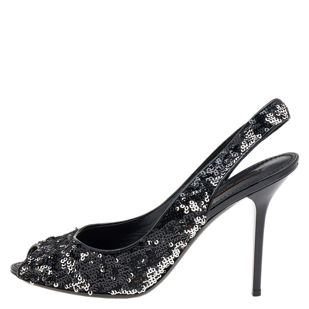 Pre Owned Louis Vuitton Black/Silver Sequin Liza Slingback Sandals Size 39