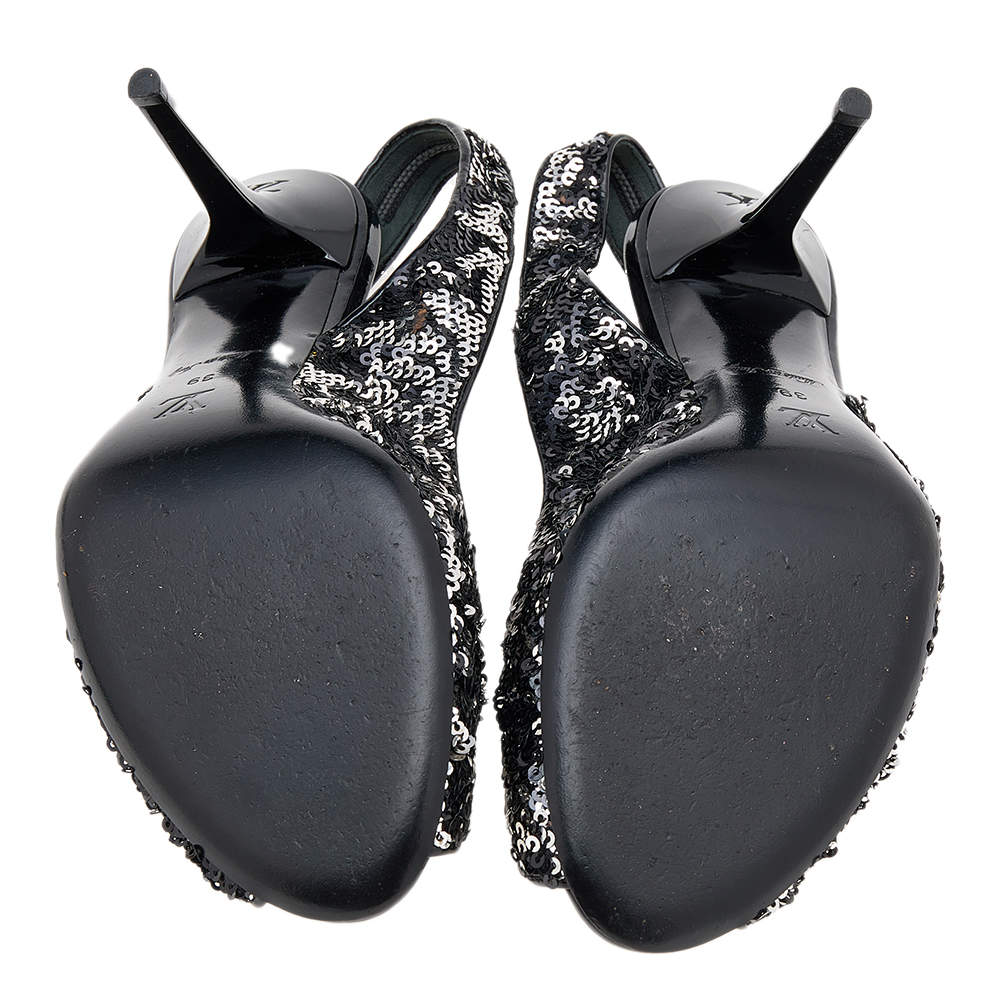 Pre Owned Louis Vuitton Black/Silver Sequin Liza Slingback Sandals Size 39