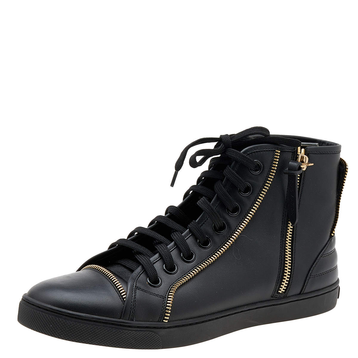 مملوكة مسبقًا Louis Vuitton Black Leather Zip Detail High Top Zip Sneakers Size 39.5