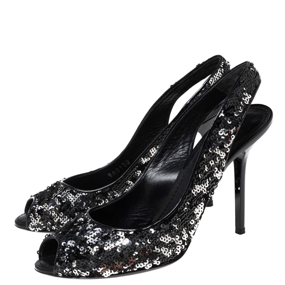 Louis Vuitton Black/Silver Sequin Liza Slingback Pumps Size 36