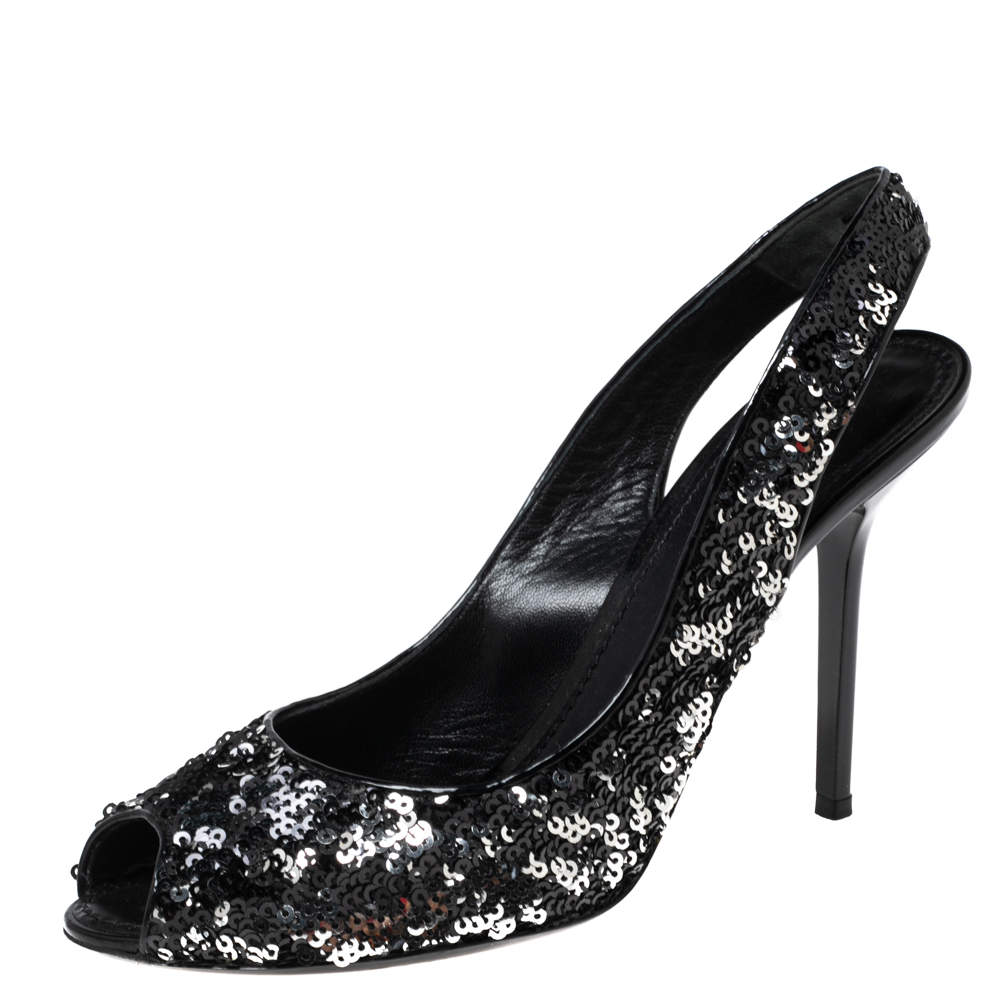 Louis Vuitton Black/Silver Sequin Liza Slingback Pumps Size 36