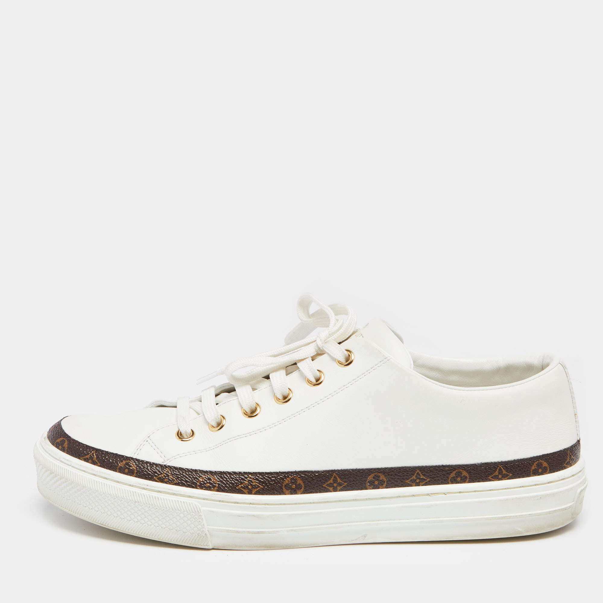 مملوكة مسبقًا حذاء رياضي لوي فيتون جلد وكانفاس مونوغرامبي بني/أبيض برباط مقاس 39