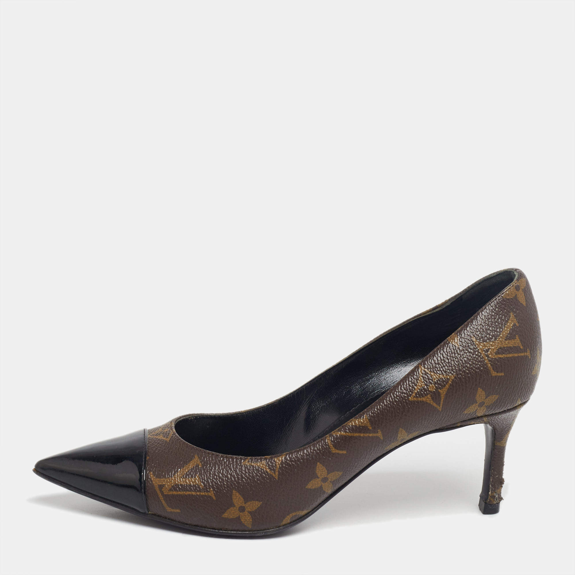 مملوكة مسبقًا Louis Vuitton Brown Monogram Coated Canvas and Patent Leather Cap Toe Fetish Pointed Pumps Size 36.5
