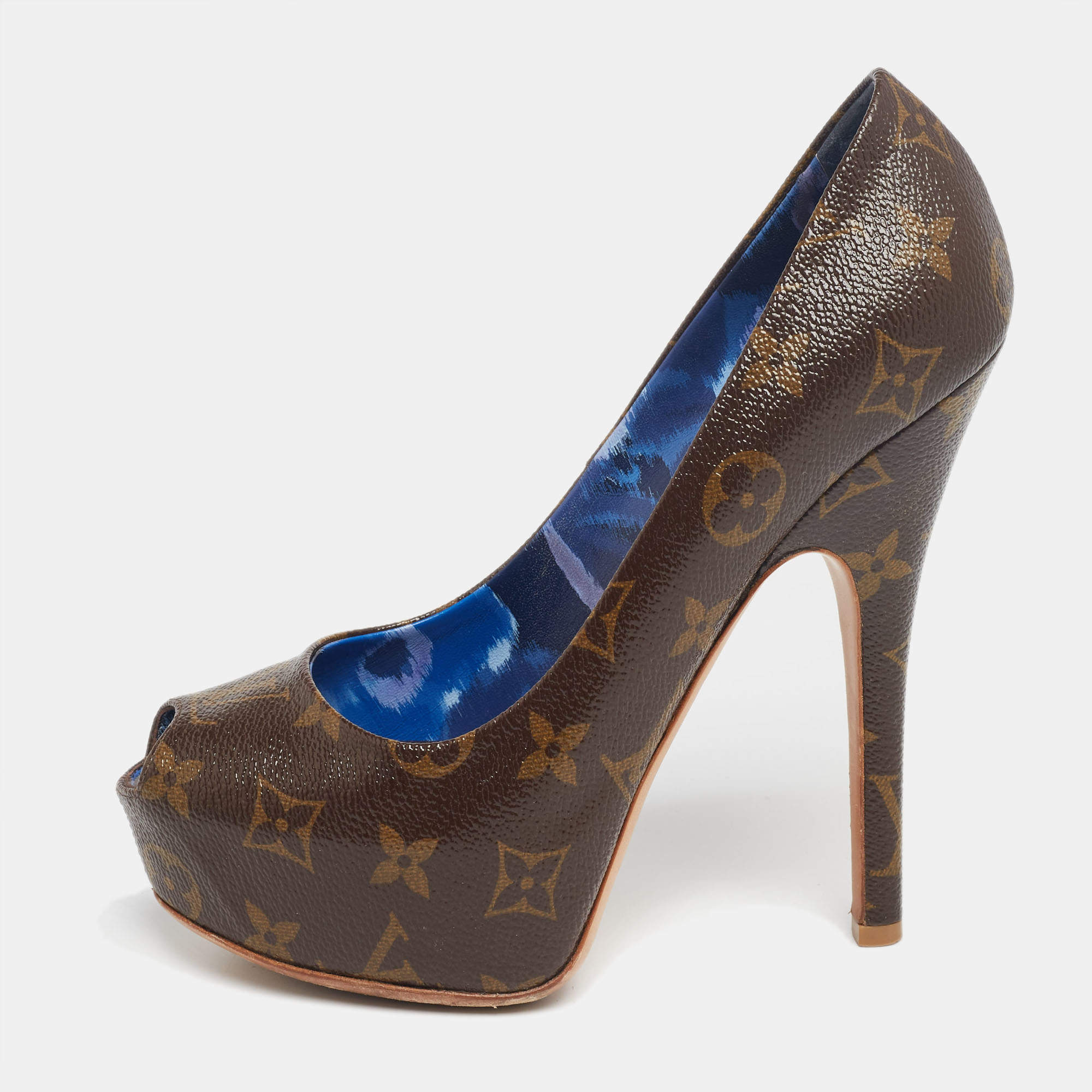 مملوكة مسبقًا حذاء كعب عالي لوي فيتون روزماري كانفاس بني مونوغرامي مقدمة مف توحة مقاس 37
