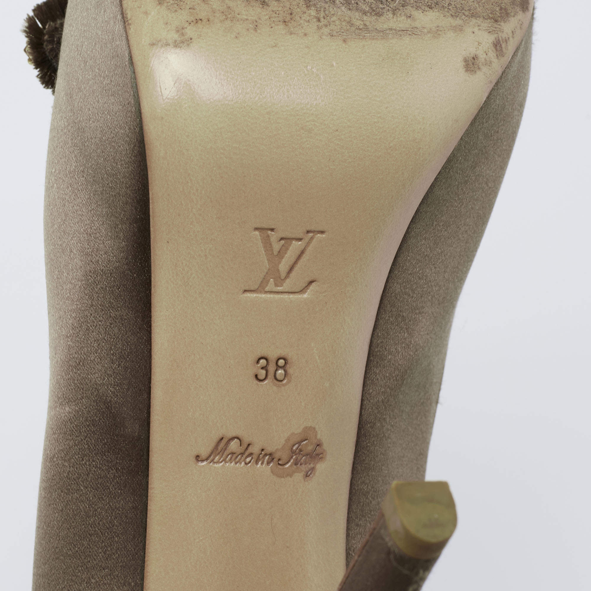 Louis Vuitton Dark Olive Satin Athen Open Toe Pumps Size 39 at 1stDibs